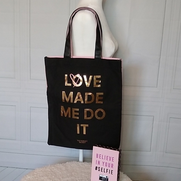 VICTORIA'S Secret Black Pink & Gold Love Made Me Do It Tote Bag - Picture 9 of 9